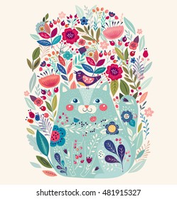 Art vector colorful illustration with beautiful cat, bird and flowers. Artwork for decoration your interior and for use in your unique design