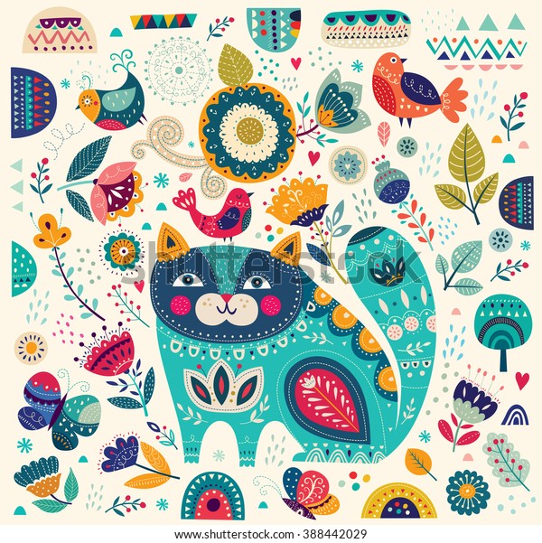 Art Vector Colorful Illustration Beautiful Cat Stock Vector (Royalty ...