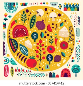 Art vector colorful illustration with pizza and other elements. Art poster.