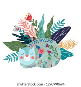 Art vector colorful isolated illustration with cute sleeping cat, flower and grass. Artwork for decoration your interior and for use in your design