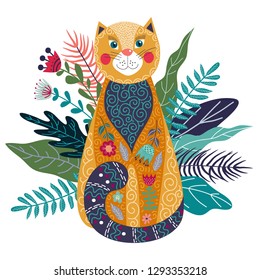 Art vector colorful isolated illustration with cute ginger cat, flower and grass on a white background. Artwork for decoration your interior and for use in your design