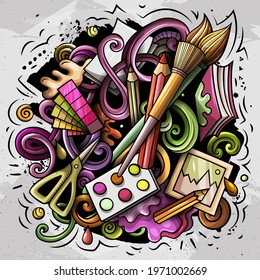 Art vector doodles illustration. Artist elements and objects cartoon background. Bright colors funny picture. All items are separated