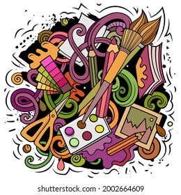 Art vector doodles illustration. Artist elements and objects cartoon background. Bright colors funny picture. All items are separated