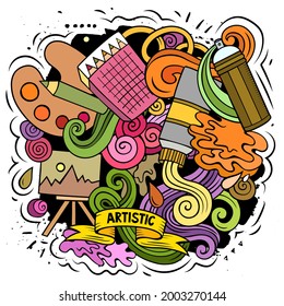 Art vector doodles illustration. Artist elements and objects cartoon background. Bright colors funny picture. All items are separated