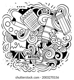 Art vector doodles illustration. Artist elements and objects cartoon background. Sketchy funny picture. All items are separated