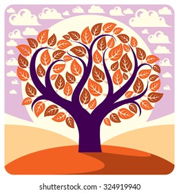 Art vector graphic illustration of creative tree growing on wonderful meadow, idyllic landscape with clouds and setting sun. Symbolic eco image, countryside view. 