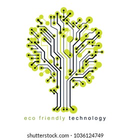 Art vector graphic illustration of modern digital tree, technology innovation abstract design. Renewable resources idea.