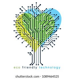 Art vector graphic illustration of modern digital tree in the shape of heart, technology innovation abstract design. Technology and nature interaction metaphor.