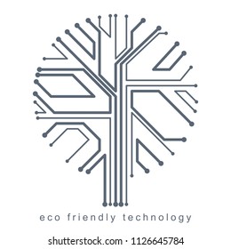 Art vector graphic illustration of modern digital tree, technology innovation abstract design. Renewable resources idea.
