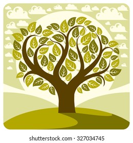 Art vector graphic illustration of stylized spring tree growing on wonderful meadow, idyllic landscape with clouds and rising sun. Symbolic eco image, countryside view. 