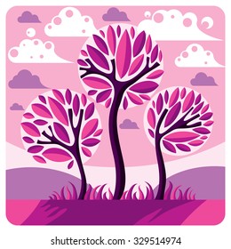Art vector graphic illustration of stylized branchy tree and peaceful purple fantastic landscape with clouds and setting sun, fairy countryside view. Beautiful nature.