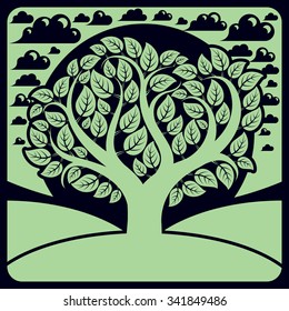Art vector graphic illustration of stylized branchy tree and peaceful landscape with clouds, countryside view. Beautiful nature, ecology theme design image.