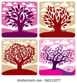 Art vector graphic illustration of stylized tree and peaceful purple and orange fantastic landscape with clouds and setting sun. Beautiful nature, ecology theme.
