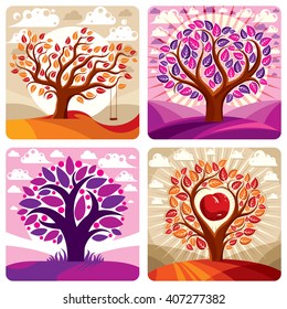 Art vector graphic illustration of stylized tree and peaceful purple and orange fantastic landscape with clouds and setting sun. Beautiful nature, ecology theme.