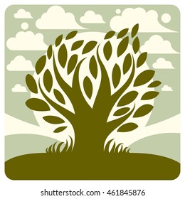 Art vector graphic illustration of stylized tree and peaceful landscape with clouds and setting sun, countryside view. Can be used in ecology theme.