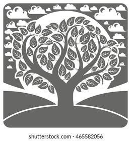 Art vector graphic illustration of stylized branchy tree and peaceful landscape with clouds, countryside view. Beautiful nature, ecology theme design image.