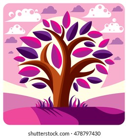 Art vector graphic illustration of stylized branchy tree and peaceful fantastic landscape with clouds and setting sun, fairy countryside view. Beautiful nature.