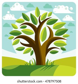 Art vector graphic illustration of stylized branchy tree and spring peaceful landscape with clouds, countryside view. Beautiful nature, ecology theme design image.