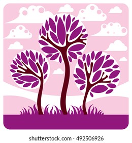 Art vector graphic illustration of stylized branchy tree and peaceful purple fantastic landscape with clouds and setting sun, fairy countryside view. Beautiful nature.