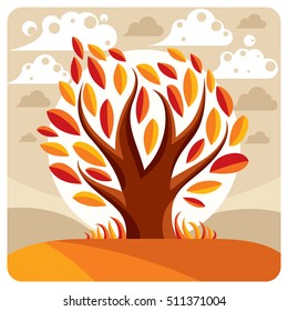 Art vector graphic illustration of stylized tree and peaceful landscape with clouds and setting sun, autumn season. Can be used in ecology theme.