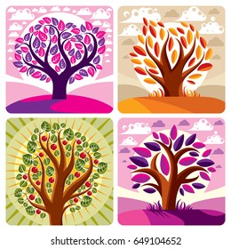 Art vector graphic illustration of stylized tree and peaceful purple and orange fantastic landscape with clouds and setting sun. Beautiful nature, ecology theme.