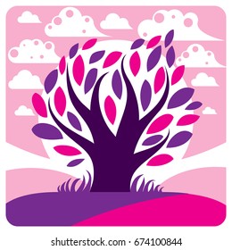 Art vector graphic illustration of stylized tree and peaceful fantastic landscape with clouds and setting sun, fairy countryside view. Beautiful nature.