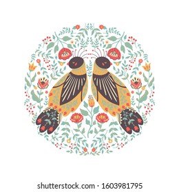 Art vector illustration of a beautiful floral wreath with a cute folk bird. Design can be used for banner, poster, card, invitation, scrapbook, and use in your unique design.
