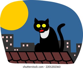 art vector illustration of a black cat on the night building roof under the big full moon