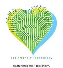 Art vector illustration of digital loving heart made using lines mesh. Eco friendly technology concept.