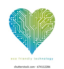 Art vector illustration of digital loving heart made using lines mesh. Eco friendly technology concept.