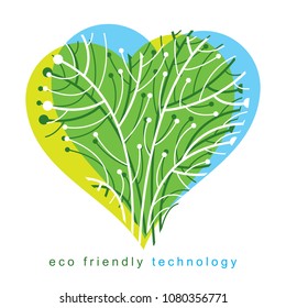 Art vector illustration of digital tree in shape of loving heart made using lines mesh as branches. Technology and nature balance concept.