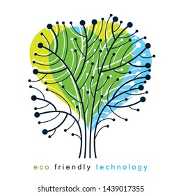 Art vector illustration of digital tree in shape of loving heart made using lines mesh as branches. Technology and nature balance concept.