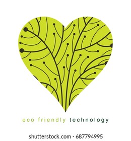 Art vector illustration of digital tree in shape of loving heart made using lines mesh as branches. Technology and nature balance concept.