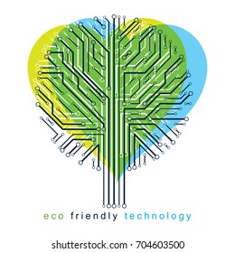 Art vector illustration of digital tree in shape of loving heart made using lines mesh as branches. Technology and nature balance concept.