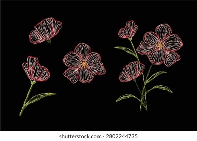 art vector illustration in dotted lines imitating embroidery of isolated bouquet of flowers in pink, red, green and yellow colors on a black background