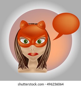 Art vector illustration of a girl in an orange cat mask. talking about something interesting.  It can be used in the package design, brochures, logos, etc.