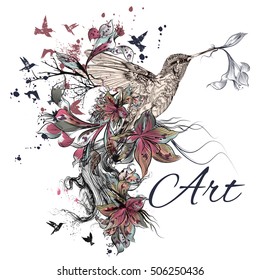 Art vector illustration with hummingbird, lily, ink and grunge texture. Symbol of creativity