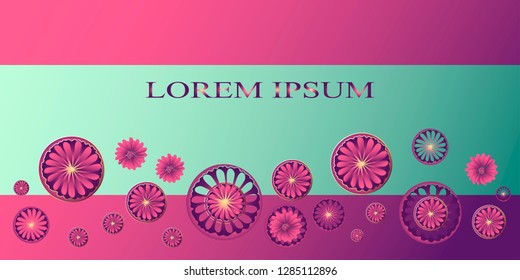 Art vector illustration. Text lorem ipsum. Hand drawn abstract lacy mandala flowers on gradient hot pink and turquoise background. Template for design, greeting card, print, sale flyer, banner.