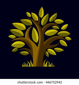 Art vector illustration of tree with green leaves, spring season, can be used as symbol on ecology theme.