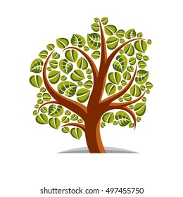Art vector illustration of tree with green leaves, spring season, can be used as symbol on ecology theme.