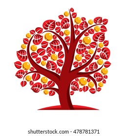 Art vector illustration of tree with orange leaves, autumn season, can be used as symbol on ecology and nature theme.