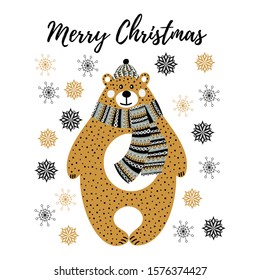 Art vector monochrome Christmas illustration with cute cartoon bear and snowflakes on white background. Artwork for use in design cards or posters of scandinavian style