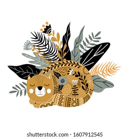 Art vector monochrome isolated illustration with cute sleeping cat, flower and grass in scandinavian style. Artwork for decoration your interior and for use in your design