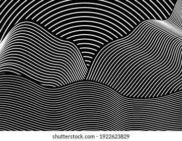 Art vector mountain river and sun  with line wave pattern vector. 