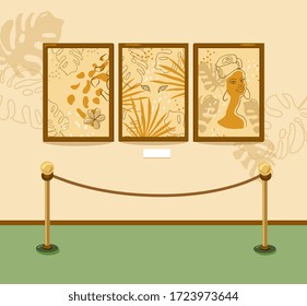 Art vector Museum of modern painting. Gallery. Paintings hang on the wall in frames . Objects are isolated. For banners and flyers.