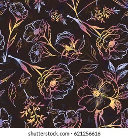 art vintage blurred graphic floral seamless pattern with poppy, grasses and leaves on background. Double Exposure effect