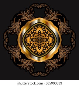 art vintage damask pattern openwork in bronze on a black background