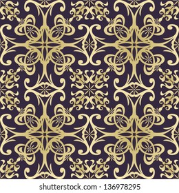 patrón sin costuras de damasco vintage de arte, adorno dorado sobre fondo oscuro en vector