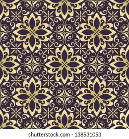 art vintage damask seamless pattern, golden ornament on dark background in vector