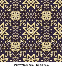 art vintage damask seamless pattern, golden ornament on dark background in vector